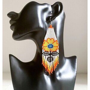Beaded Southwestern Motif Colourful Orange Floral Boho Long Tassel Earrings